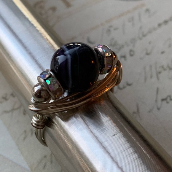 Silver Wire Wrapped Deep Purple White Swirl Rhinestone Fidget Ring jewelry - Picture 6 of 11